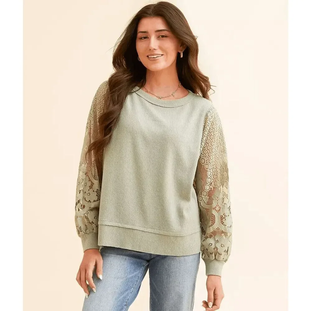 Daytrip BKE Sage Green Floral Lace Sleeve Ribbed Blouse Top Small - Picture 8 of 10